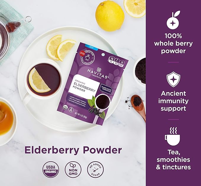 Navitas Organics Elderberry Powder, 3oz Bag, 28 Servings — Organic, Non-GMO, 100% Whole Elderberry Powder for Immune Support
