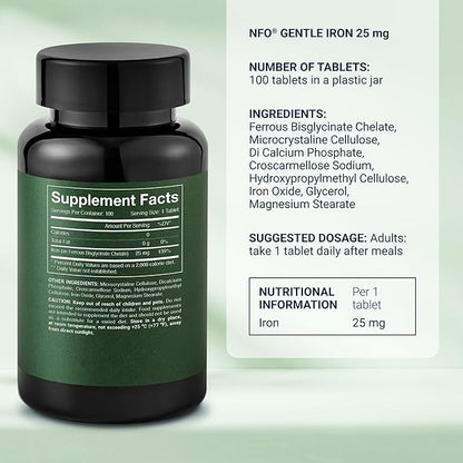 NFO Gentle Iron [100 Tablets] Norwegian Natural High Dose Iron Complex with The Patented Ferrochel Formula The Most bioavailable Form Against Iron Deficiency More efficient by 90% Suitable for Vegans