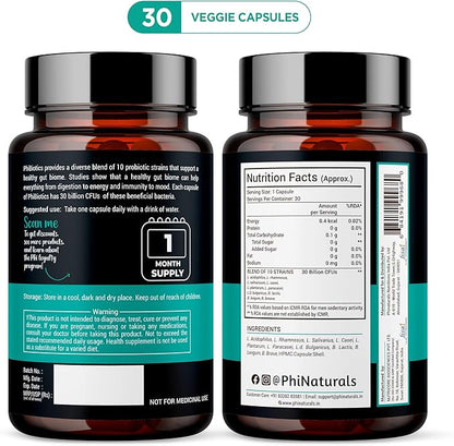 High Potency Probiotics 10 Strains 30 Billion CFUs PhiNaturals – [30 Vegan Capsules] for Women and Men Digestive Gut Health - Lactobacillus Acidophilus Salivarius Rhamnosus Bifidobacterium Probioticos