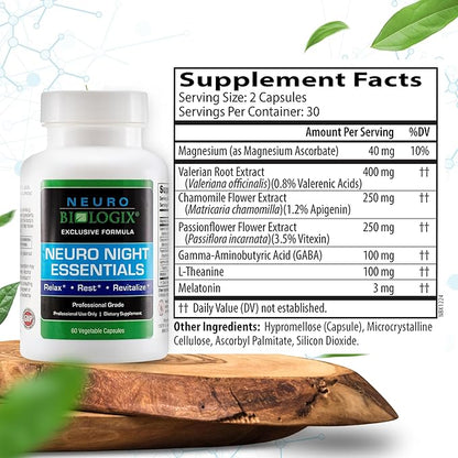 Neuro Night Essentials – Natural Nighttime Support with GABA, Melatonin, Valerian Root, LTheanine, Magnesium & More – Promotes Relaxation, Mood Balance & Rest – 60 Veg Capsules – Made in The USA
