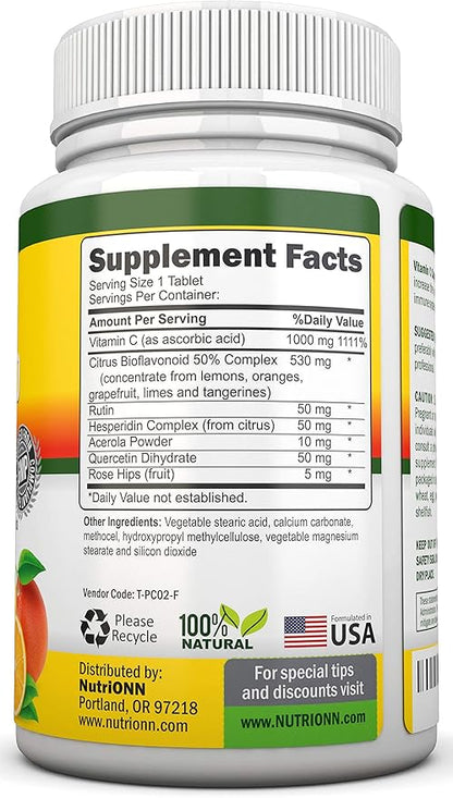 Super Vitamin C Complex - 1695Mg - 180 Tablets - With 530 mg Natural Citrus Bioflavonoids, Rose Hips, Rutin, Quercetin & Hesperidin For Increased Absorption - Advanced Immune Support - Non-GMO