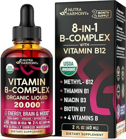 USDA Organic Vitamin B-Complex B5 Pantothenic Acid | B12 Methylcobalamin | B1 Thiamine | B6 Pyridoxine | B7 Biotin | B9 Folic | B3 Niacinamide - B Complex Liquid Drops, Made in USA Supplement, 2fl oz