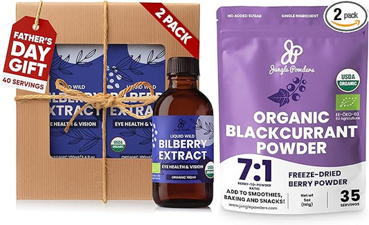 Father's Day Gift for Grandpa - USDA Organic Wild Bilberry Extract Bundle 2x3.4oz Liquid Extract + Organic Black Currant Powder 5oz - Wellness Gift for Eyes and Overall Well-being