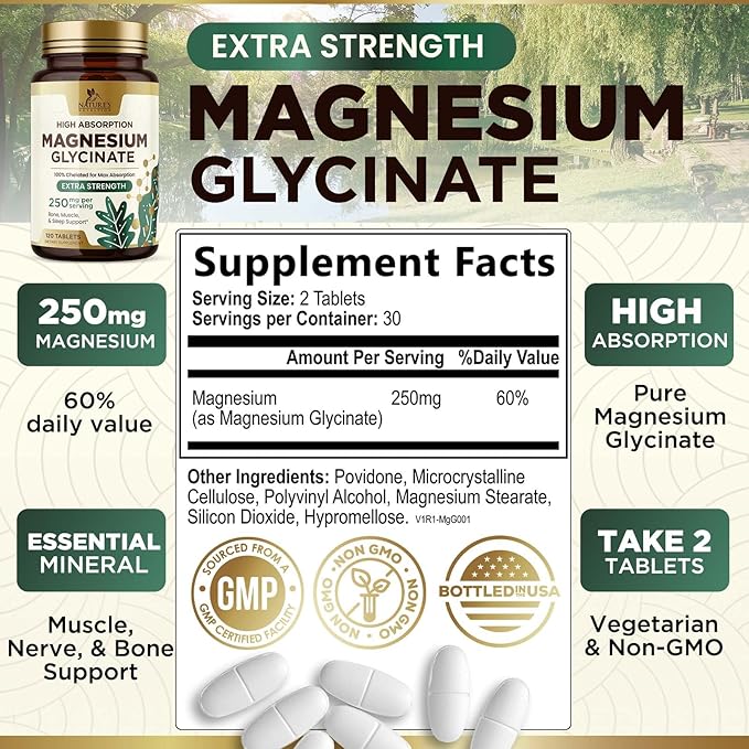 Magnesium Glycinate 250 mg, 100% Chelated Magnesium Supplement - High Absorption Magnesium for Muscle, Heart, Bone and Nerve Health Support, Nature's Gluten Free, Vegan, Non-GMO Capsules - 60 Count