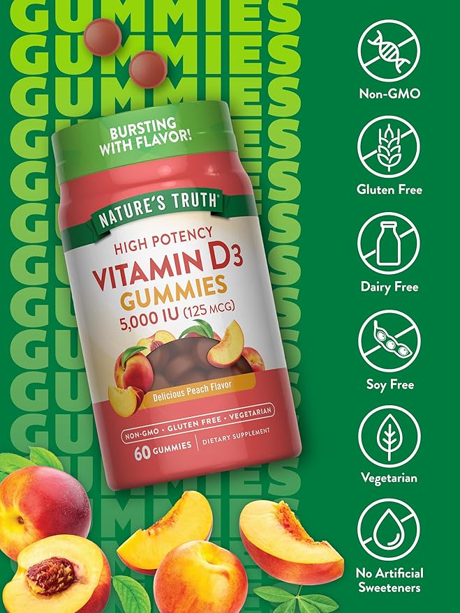 Nature's Truth Vitamin D3 Gummies | 5000 IU | 60 Count | Peach Flavor | Vegetarian, Non-GMO & Gluten Free Supplement