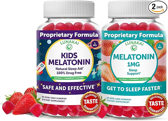 Lunakai Kids Melatonin and Melatonin 1mg Gummies - Tastiest Proprietary Formula - Low Dose Gummy with Sleep Aid Vitamins - Chewable Natural Vegan Supplement for Sleeping - 60 Day Supply
