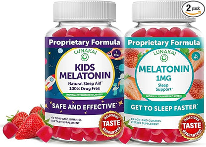 Lunakai Kids Melatonin and Melatonin 1mg Gummies - Tastiest Proprietary Formula - Low Dose Gummy with Sleep Aid Vitamins - Chewable Natural Vegan Supplement for Sleeping - 60 Day Supply