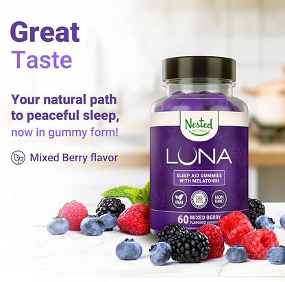 Nested Naturals Luna Sleep Gummies - Non-Habit Forming Melatonin Gummies 3mg with L-Theanine, Valerian Root, GABA, and Lemon Balm - Sleep Gummies for Adults - Mixed Berry, 60 Vegan Gummies