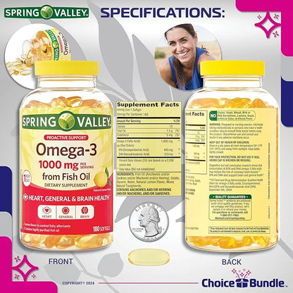 Spring Valley Proactive Support Omega-3 Fish Oil Soft Gels 1000 mg 180 Ct 2 pk (360 Total) + Vitamin Guide & Pill Container (4 Items)!