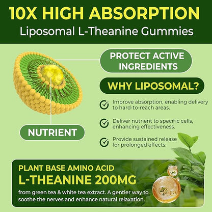 Liposomal L-Theanine 200mg Magnesium Glycinate 400mg Gummies with GABA, 5HTP, Apigenin, Vitamin B6 & D3, Ashwagandha, Lemon Balm Leaf, Melatonin Free Sleep Chewable for Relax Mood & Muscle, 2 Packs