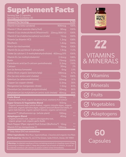 Multivitamin for Women - Daily Women’s Multivitamin - Methylated B Complex with Whole Food Ingredients, Vitamin B12, Folate, A, C, D3, E, K2, Organic Fruits & Vegetables - Vegan, Non-GMO - 60 Caps