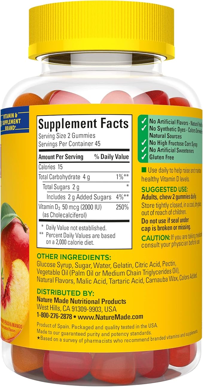 Nature Made Vitamin D3 2000 IU (50 mcg) per serving, Dietary Supplement for Bone, Teeth, Muscle and Immune Health Support, 90 Gummies, 45 Day Supply