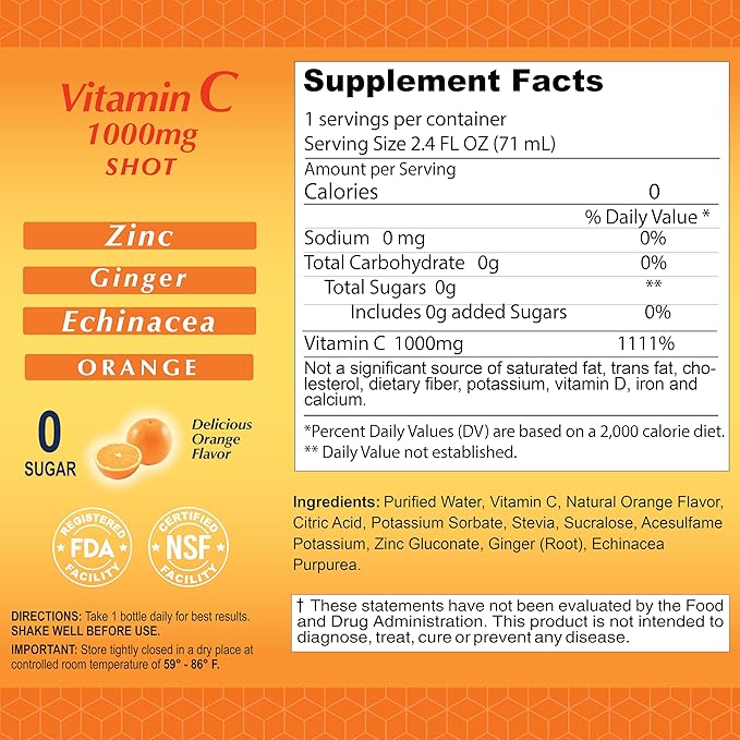 Vitamin C Shot 1000MG - Immunity Booster with Zinc, Ginger, & Echinacea - Protect Your Immunity - Fight The Common Cold - Orange Flavor - 2.4 FL Oz Bottle - 20 Pack