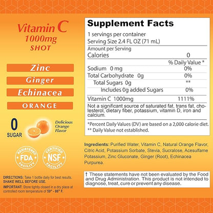 Vitamin C Shot 1000MG - Immunity Booster with Zinc, Ginger, & Echinacea - Protect Your Immunity - Fight The Common Cold - Orange Flavor - 2.4 FL Oz Bottle - 20 Pack