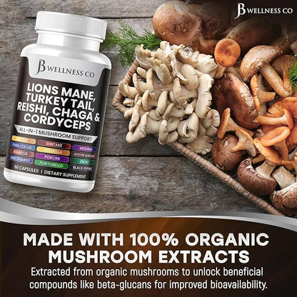 Lions Mane Supplement Cognitive Support, Immune Health with Turkey Tail 20in1 Mushroom Reishi Cordyceps Chaga with Marshmallow Root -180 Count