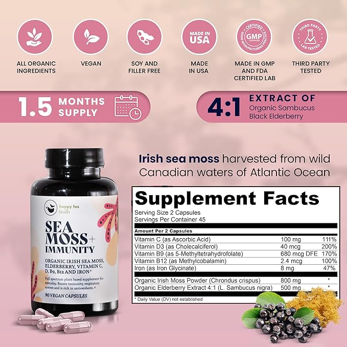 HAPPY FOX Immunity Bundle - Organic Sea Moss Gel, Gold, 8 fl oz & Organic Irish Sea Moss Capsules with Sambucus Elderberry for Immunity Defense, Vitamins C, D3, B9, B12, & Iron, 90 Count