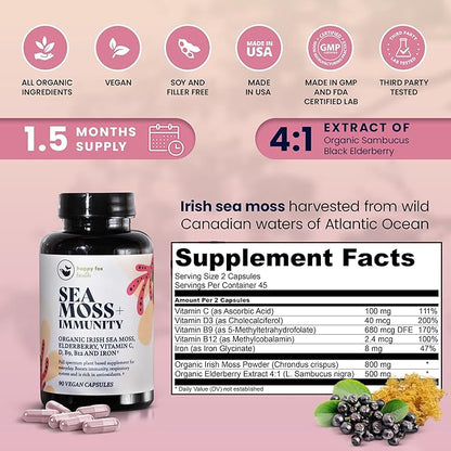 HAPPY FOX Immunity Bundle - Organic Sea Moss Gel, Gold, 8 fl oz & Organic Irish Sea Moss Capsules with Sambucus Elderberry for Immunity Defense, Vitamins C, D3, B9, B12, & Iron, 90 Count