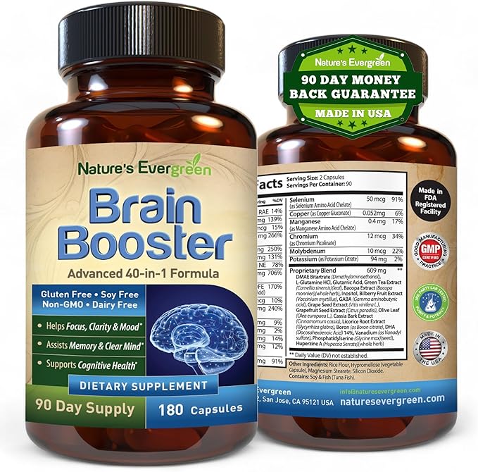 Brain Booster 40-in-1 Formula Supplement for Focus, Memory, Clarity, Energy | for Men & Women, Cognitive Function Nootropic Support with DMAE, Brain Health Formula | (180 Capsules - 90 Day Supply)