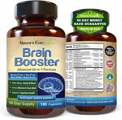 Brain Booster 40-in-1 Formula Supplement for Focus, Memory, Clarity, Energy | for Men & Women, Cognitive Function Nootropic Support with DMAE, Brain Health Formula | (180 Capsules - 90 Day Supply)