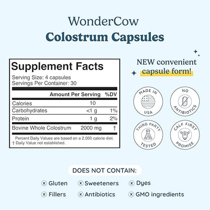 Colostrum Capsules Supplement for Gut Health, Immune Support, Muscle Recovery & Wellness | Natural IgG Pure Whole Bovine Colostrum Superfood, Unflavored, 30 Servings