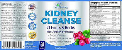 Herbal Kidney Cleanse with Cranberry Extract, Astralagus - 21 Fruits & Herbs - Detox & Cleanse Urinary Tract & Bladder Health, Kidney Support, 60 Vegan Capsules