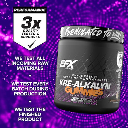 EFX Sports Kre-Alkalyn EFX Gummies | pH Correct Creatine Monohydrate Pill Supplement | Strength, Muscle Growth & Performance | 60 Servings, 120 Gummies - Citrus Blast