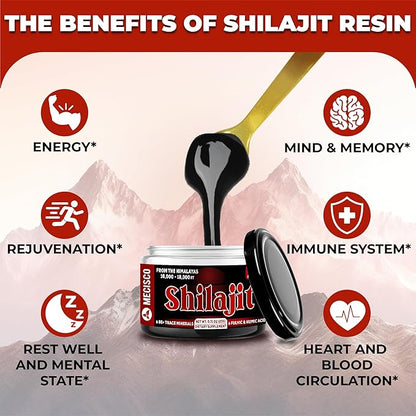 Shilajit Supplement - Shilajit Pure Himalayan Organic with Natural Fulvic, Humic Acid & 85+ Trace Minerals - Energy Production, Immune System, Brain Health & Overall Well-Being - 20G for 40 Servings