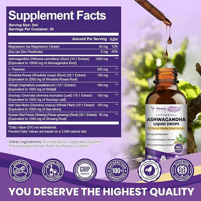 (2 Packs) Liposomal Ashwagandha Liquid Drops w/Soursop Bitters, L-Theanine, Shilajit, Maximum Absorption, Natural Energy, Cortisol Health for Women & Men, Non-GMO, Alcohol Free