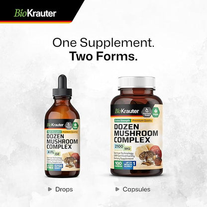 BIO KRAUTER Dozen Mushroom Complex Capsules 2100 mg Blend - 100 Vegan Caps - 12 Extracts in One Mushroom Supplement for Immune Support - Lions Mane, Reishi, Cordyceps