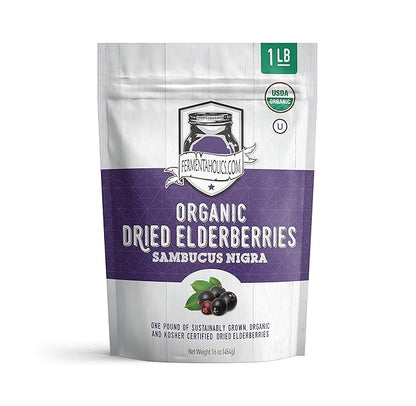 Fermentaholics | USDA Organic Dried Elderberries - 1 LB | All Natural Free of Chemicals | for Syrup, Gummies, Kombucha, Tea, and Wine | Sambucus Nigra | Elderberry Syrup Instructions Included
