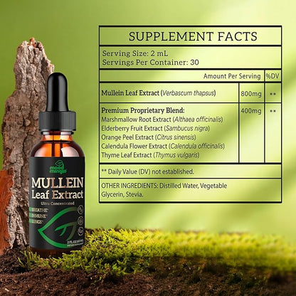 Mullein Leaf Extract for Lungs - Mullein Drops for Respiratory Health Support Lung Detox Cleanse - Vegan Sugar-Free Gluten Free - Liquid Supplement for Men Women 2fl. oz (60ml) (1 Pack)
