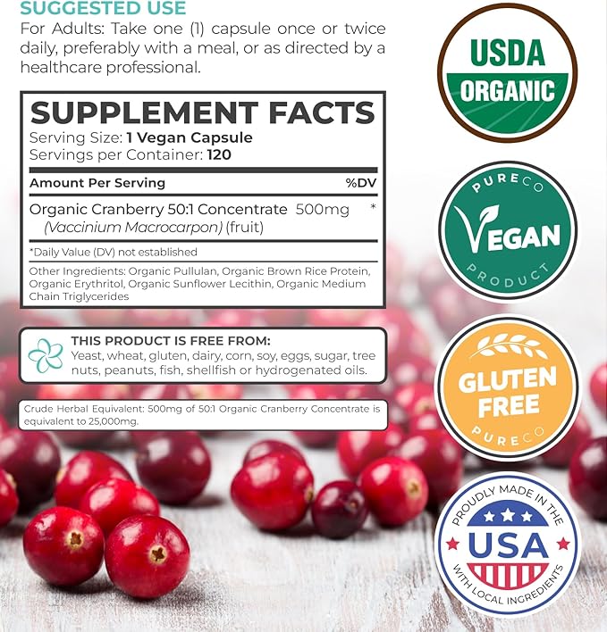 USDA Organic Cranberry Pills - 50:1 Concentrate Equals 25,000mg of Fresh Cranberries (Vegan) for Urinary Tract Health & Kidney Cleanse - Cranberry Pills for Women - UTI Support Supplement 120 Capsules