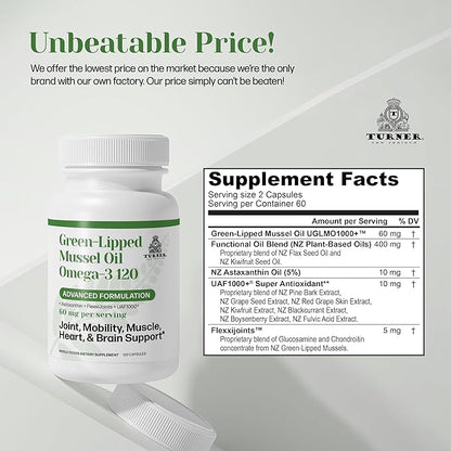 TURNER New Zealand Green Lipped Omega-3 Mussel Oil, 53x Higher Potency with UAF1000+ Super Antioxidant for Superior Joint Comfort & Mobility, No Fishy Aftertaste, 1 Bottle, 120 Softgels