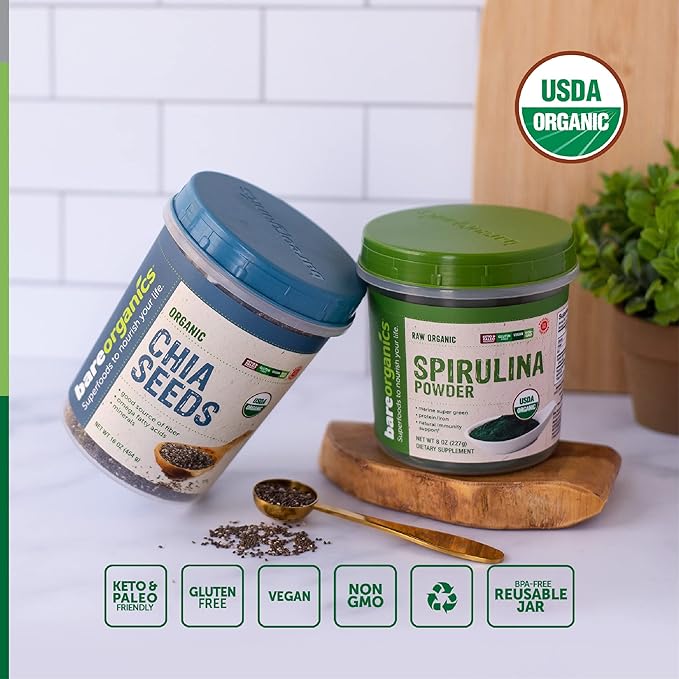 BareOrganics 13132 USDA Organic Raw Spirulina Powder, Whole Food Supplement, Gluten-Free & Non-GMO, 8 Ounce (Pack of 3)