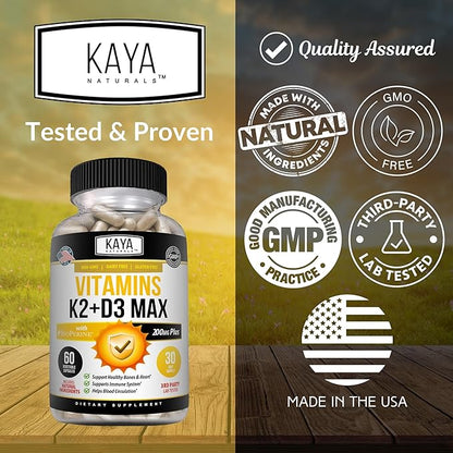 Kaya Naturals Vitamins K2 with D3 5000IU Supplement for Men and Women - Easy to Swallow - Bioperine Capsules (60 Count (Pack of 1))