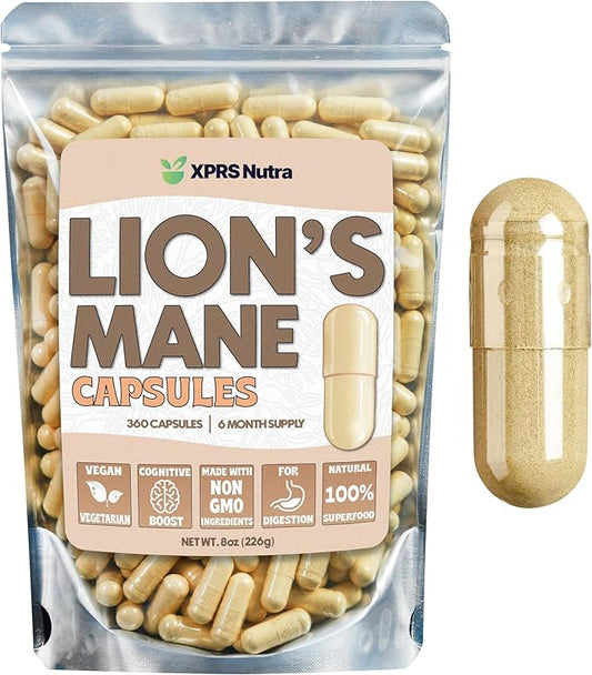 XPRS Nutra Organic Lions Mane Supplement Capsules - 360 Count (180 Day Supply) of Premium Lion's Mane Mushroom Capsules for Mental Clarity, Cognition and Immunity Lions Mane Powder Capsules