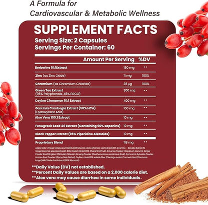 21-in-1 Berberine Supplement with Ceylon Cinnamon - Organic Berberine HCL Phytosome, 5X Higher Absorption for Metabolism Support 120 Capsules