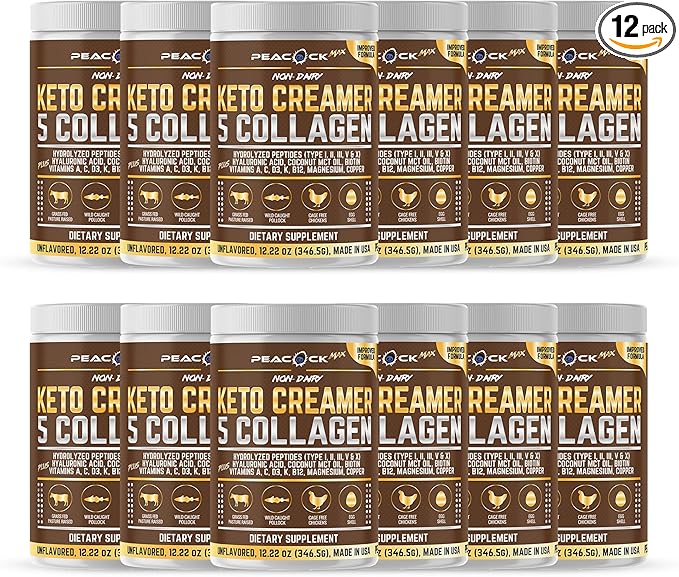 Collagen Keto Coffee Creamer Powder 146.64 oz (Pack of 12), Hydrolyzed Collagen Peptides with Coconut MCT Oil, Magnesium, Unflavored Protein Powder, Sugar Free Coffee Creamer for Smoothies