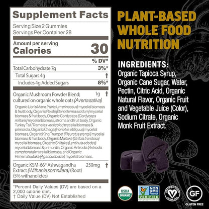 OM MUSHROOM SUPERFOOD Master Blend Mushroom Gummies, 56 Count, 28 Servings, Mixed Berry Flavor with 10 Mushroom Complex for Stress and Vitality
