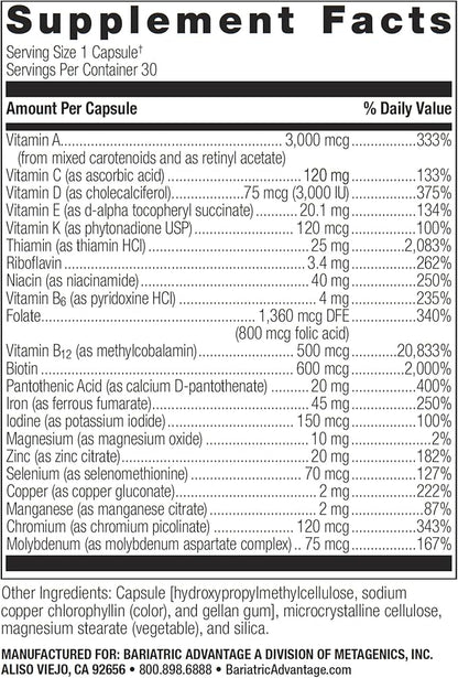 Bariatric Advantage Ultra Solo with Iron - Once-Per-Day Daily Multivitamin - for Bariatric Patients - with Thiamin, Vitamin A & More - Gluten Free - 30 Capsules