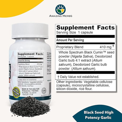 Amazing Herbs Whole Spectrum Black Seed & High Potency Garlic, Vegetarian Capsules - Gluten-Free, Non-GMO, Vegan, Supports Immune System, Lung Function, & Cardiovascular Health - 100 Count