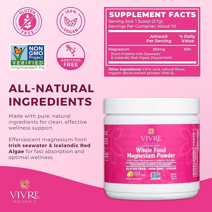 Effervescent Whole Food Magnesium Powder -Sustainably Sourced from Irish Seawater & Icelandic Red Algae - 350 mg per serving |Gentle on Stomach |Non-GMO, Vegan, Gluten-Free– 30 Servings