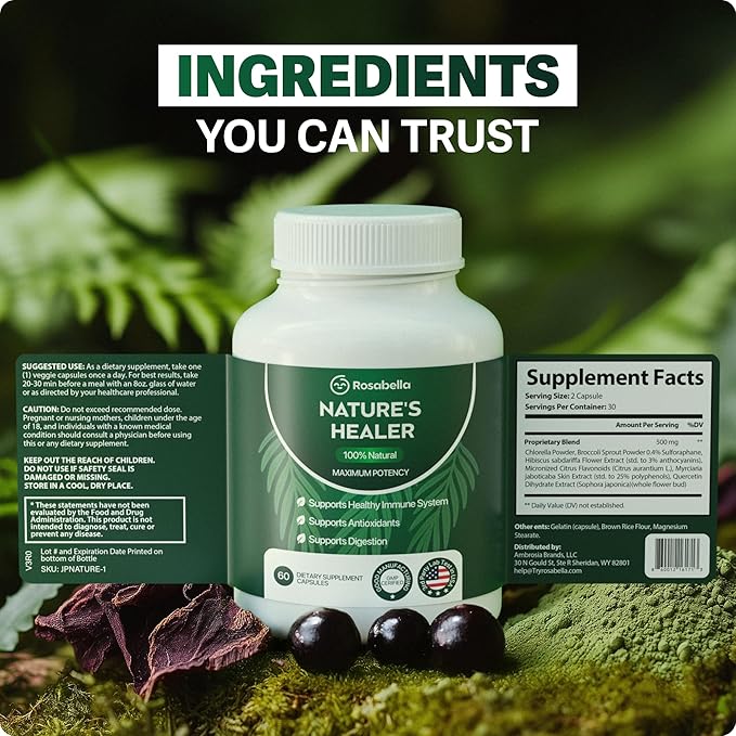 Rosabella Natural Healer – Organic Superfood Immune & Digestive Support – 60 Capsules – Plant-Based Supplement for Detox, Bloating Relief, and Gut Wellness for Women & Men