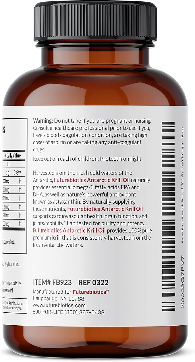 Futurebiotics Antarctic Krill Oil 1000mg with Omega-3s EPA, DHA, Astaxanthin and Phospholipids - Premium Krill Oil Heavy Metal Tested, Non GMO – 90 Softgels (45 Servings)
