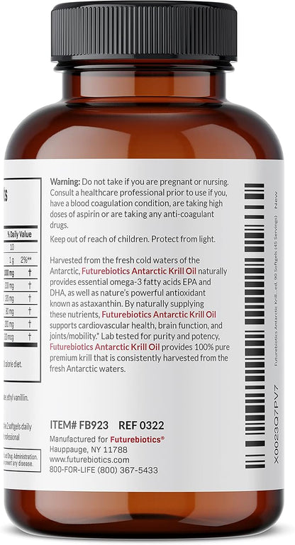 Futurebiotics Antarctic Krill Oil 1000mg with Omega-3s EPA, DHA, Astaxanthin and Phospholipids - Premium Krill Oil Heavy Metal Tested, Non GMO – 90 Softgels (45 Servings)