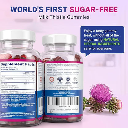 Purify Life Sugar-Free Milk Thistle Gummies for Liver Cleanse, Detox & Cell Repair (1000mg/serv) Cardo Mariano, Milk Thistle Extract & Antioxidant Support, Vegan, Replaces Pills & Capsules
