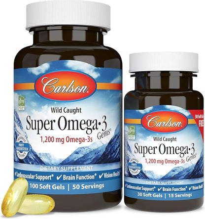 Carlson - Super Omega-3 Gems, 1200 mg Omega-3 Fatty Acids with EPA and DHA, Wild-Caught Norwegian Supplement, Sustainably Sourced Fish Oil Capsules, Omega 3 Supplements, 100+30 Softgels