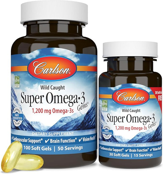 Carlson - Super Omega-3 Gems, 1200 mg Omega-3 Fatty Acids with EPA and DHA, Wild-Caught Norwegian Supplement, Sustainably Sourced Fish Oil Capsules, Omega 3 Supplements, 100+30 Softgels