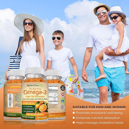 Extra Strength Omega 3 Fish Oil Gummies with DHA & EPA | Ultra High Purity Omega 3 Gummy Supplement for Healthy Heart, Joint & Brain Support | Nature's Vitamins, Orange Flavor | 120 Gummies
