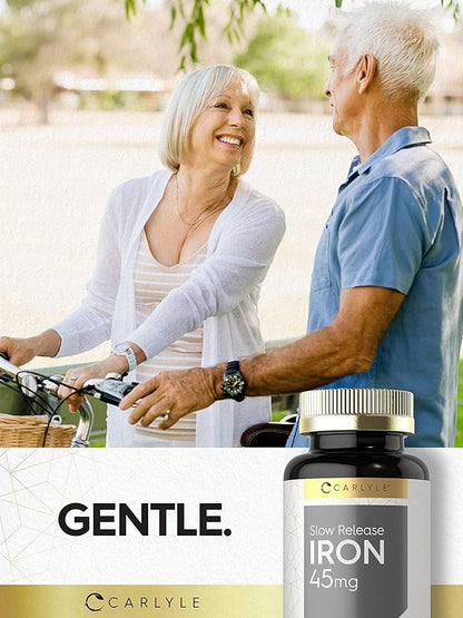 Carlyle Slow Release Iron 45 mg | 180 Tablets | Ferrous Sulfate Mineral Supplement | for Men & Women | Vegetarian, Non-GMO, and Gluten Free Formula